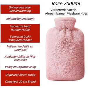Premium Warmwaterkruik met Hoes 2L - Met Zachte Imitatie Konijnenbont Hoes - Warmwaterzak van PVC met Hoge Dichtheid - Bedkruik voor Volwassenen - Lekvrije Bedkruik - Roze