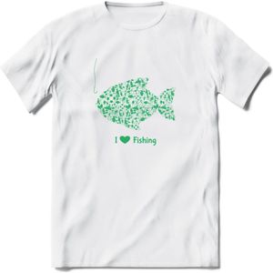 I Love Fishing - Vissen T-Shirt | Groen | Grappig Verjaardag Vis Hobby Cadeau Shirt | Dames - Heren - Unisex | Tshirt Hengelsport Kleding Kado - Wit - S