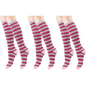 3 paar Badstof kniekousen - Gestreept - Fuchsia-Lichtgrijs - Maat 23-26