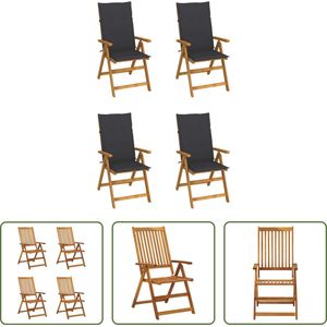 The Living Store Verstelbare houten tuinstoelen 4x - Acaciahout - 57x69x111 cm - Antraciet kussen