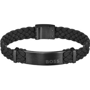BOSS HBJ1580608M DYLAN Heren Armband - Sieraad - Leer - Zwart - 10 mm breed - 19 cm lang