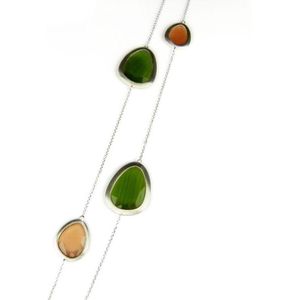Zilveren halsketting halssnoer collier Model Playfull Colors gezet met kaki groene, en oranje stenen
