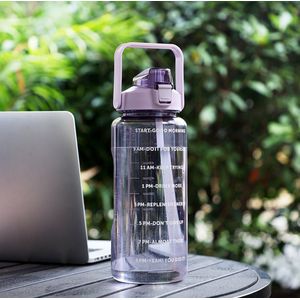 RevoGoodies Motivatie Waterfles 2 Liter met Tijdsmarkering - Drinkfles - 2L / 2000mL - BPA Vrij - Paars Transparant