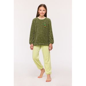 Woody - Meisjes-Dames Pyjama in velours - Groene golfjes - 4 jaar/104