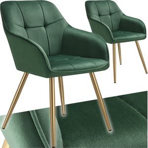 tectake® Fluwelen stoel - Set van 2 - Eetkamerstoelen met gewatteerde fluwelen stof - Moderne stoelen - Comfortabele fauteuil voor woonkamer, eetkamer, lounge – Div. kleuren en sets - Groen/goud