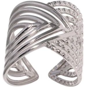 Aramat Jewels - Ringen - Brede Damesring Verstelbaar – Open Ring met Lijnen – 23 mm - Zilverkleur - - - Geschenk– Giftbox - Kerst cadeau - Sinterklaas cadeau - Moederdag - Valentijn - Vaderdag
