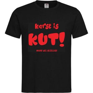 T-shirt Unisex Volwassenen Kerst Kerstmis Bier Man Grappig Tekst ""Kerst is KUT maar wel gezellig!!"" Op Voorkant | korte mouw | Zwart/Rood | maat L