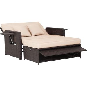Rotan Sofa Set - 2-zits fauteuil met voetenbank en 2 bijzettafels, terrasbank, slaapfunctie, lounge tuinbank, verstelbaar voor outdoor, balkon en tuin, 170 x 120 x 91 cm