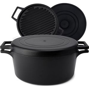 Geëmailleerde gietijzeren pan met grillpannendeksel + siliconen deksel [5,2 l - 26 cm] - voor alle warmtebronnen en inductie - Cocotte gietijzeren braadpan met deksel geschikt voor de oven - stoofpan van gietijzer