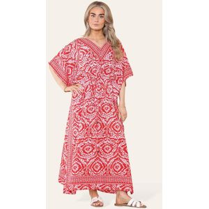 Lange bohemian kaftan jurk Suzette rood wit V-hals one size M-XXL