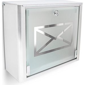 Relaxdays brievenbus rvs & glas - met slot - wandbrievenbus - met enveloppe - zilver