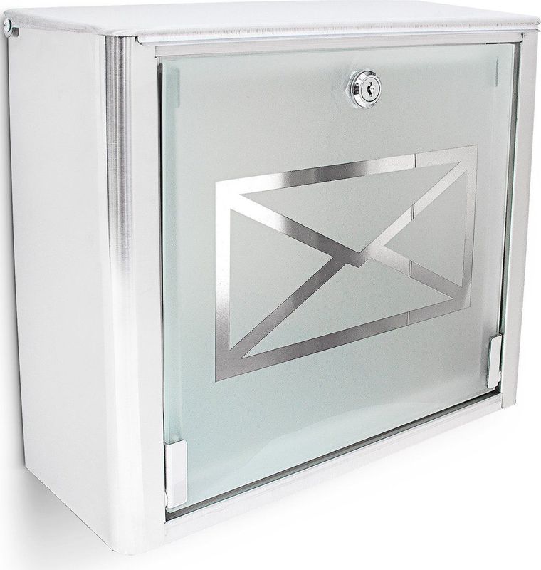 Relaxdays brievenbus rvs & glas - met slot - wandbrievenbus - met enveloppe - zilver