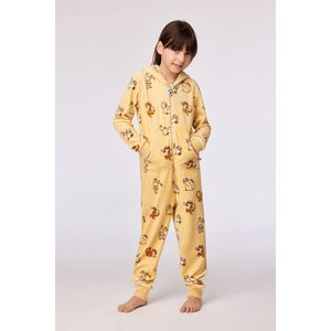 Woody onesie velours unisex - geel - kat all-over print - 252-10-ONE-V/920 - maat S