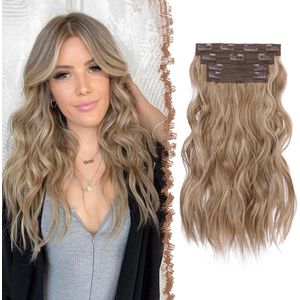 Clip in Hair Extensions 4PCS 40cm Dik Haar Stuk Lange Golvende Clip in Extensies Volledige Hoofd Synthetische Haarstukjes Haarextensies clips, Karamelbruin Gemengd Asblond