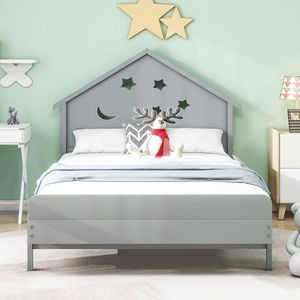 KOMHTOM Kinderbed 90x200 cm éénpersoonsbed in massief hout maansterpatroon verhoogd bed grijs