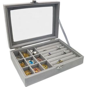 Sieradenopslag van fluweel | Grote organizer met transparant glazen deksel | 9 ringsleuven | Voor ringen, halskettingen, oorbellen | Grijs