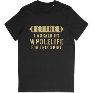 Grappig T Shirt Heren Dames - Met Pensioen - Tekst Print Opdruk - Zwart - S