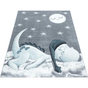 Tapijtenloods Bambi Dino Kinderkamer Vloerkleed Laagpolig Blauw Grijs- 80x150 CM