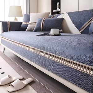 E-Shop4u® - Katoenen & Linnen Bankhoes - Bank Beschermhoes - Universeel & Antislip - Bankhoezen - Sofacover - Machinewasbaar - Bank Bekleding - Voor Alle Seizoenen - sofa cover - kussenhoes - 110x160cm O - Blauw