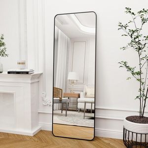 Staande spiegel met afgeronde hoeken, 53 x 163 cm ronde hoeken, full-body spiegel met standaard, grote vloerspiegel, volledige spiegel, wandhanger voor slaapkamer, woonkamer, zwart