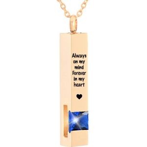 Luxe Ashanger | Met Ketting En Gravering | Always On My Mind Forever In My Heart | Assieraad | Rosegoudkleurig Met Blauwe Steen | As Ketting | Gedenksieraad | Urn | Incl. As vuller