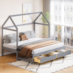 Sweiko Uittrekbare kinderbed, slaapbank 90/180 x 190 cm met lades en lattenbod, bedbank, bed in dennenhout met opbergruimte, grijs