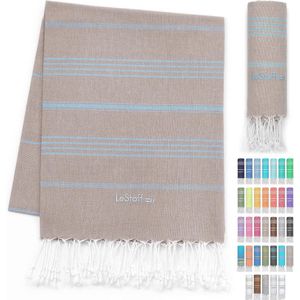 LeStoff de traditionele Hamamdoek Strandlaken Badhanddoek Saunahanddoek Douchehanddoek Spa Sport Yoga Reizen 100% Biologisch Katoen. Duurzaam, natuurlijk, zacht en voorgewassen. (95 x 180 cm, Beige - Light Blue)