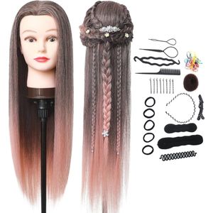 Kappershoofd 26-28 Inch 100% Synthetische Vezel Haar Training Hoofd Voor Kappers Meisjes Stylisten Zachte Mannequin Poppen Hoofd Voor Het Oefenen Van Kapsels