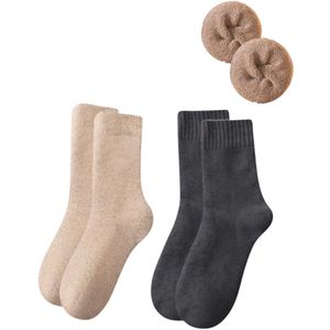 2 Paar Dikke Winter Sokken -Zwart, camel- Alpaca wol Thermo Wollen damessokken/ herensokken - Extra Warm & Ademend - Elastisch Maat 36-41- Wintersokken| wandelen| klimmen| wintersport