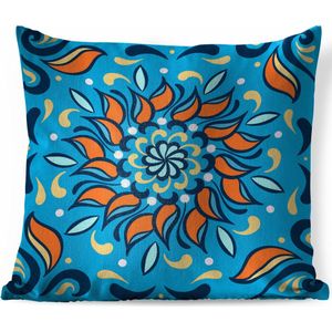 Sierkussens - Kussen - Vierkant patroon op een blauwe achtergrond met een oranje bloem en versieringen - 40x40 cm - Kussen van katoen