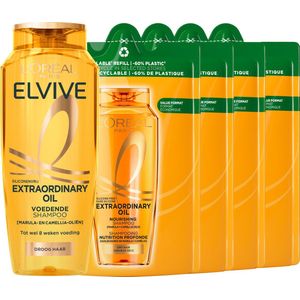 L’Oréal Paris Elvive Extraordinary Oil Shampoo & Refill - Voor Droog Haar - Met Marula- en Camelia-olie - Hervulbaar - Navul verpakking - 5x 250 ml