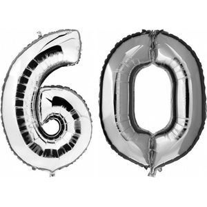 60 jaar zilveren folie ballonnen 88 cm leeftijd/cijfer - Leeftijdsartikelen 60e verjaardag versiering - Heliumballonnen