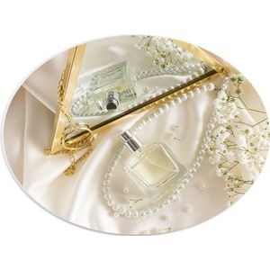 PVC Schuimplaat Ovaal - Spiegel - Parfum - Ketting - Bloemen - 40x30 cm Foto op Ovaal (Met Ophangsysteem)