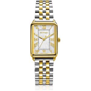 ZINZI Elegance bicolor horloge witte wijzerplaat en rechthoekige goudkleurige kast en bicolor stalen schakelband 28mm extra dun ZIW1907