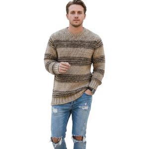 Wol Gebreide Trui Fashion - Heren Sweater - Oversized - Beige Bruin - Gestreept