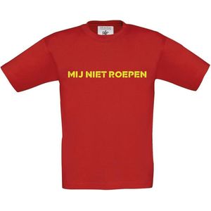 T-shirt voor kinderen met opdruk “Mij niet roepen” (kinder variant op Mij niet bellen) | Chateau Meiland | Martien Meiland | Rood T-shirt met gele opdruk. | Herojodeals