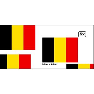 5x Vlag Belgie 60cmx 90cm - België supportersvlag polyester zwart/geel/rood EK WK National festival sport