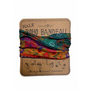 Gekleurde Boho Bandeau met oranje, roest, aqua groen, blauw en fuchsia roze, smalle haarband, haarshawl, kaalheid, Natural Life, Lovely Scarfs, infinity shawl, rond sjaaltje, hoofdbandje, ronde sjaal, hoofdbandje, sportband