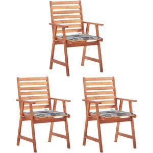 The Living Store Acacia Eetstoelenset - 3 stoelen met kussen - Grijs ruitpatroon - 56x62x92cm - Waterdicht