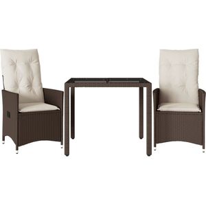 vidaXL - 3-delige - Bistroset - met - kussens - poly - rattan - bruin
