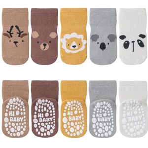 Antislip sokken voor kinderen - 5 paar ademende kruipsokken voor jongens en meisjes met dieren en eenhoorns
