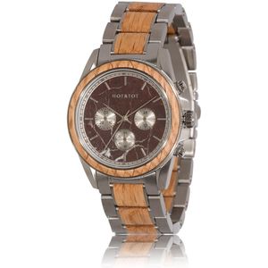HOT&TOT | Royal Oak - Houten horloge heren - 42 mm - Chronograaf - Saffierglas - RVS - Eikenhout - Rood marmer - Zilver