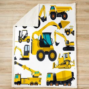 Kindergraafmachine pluche dekbed, vrachtwagentractor, sherpa-deken, 130 x 150 cm, voor kinderen, jongens, meisjes, tieners, bouwvoertuig, fleece, flanel, uitrusting, auto, kraan, gooideken