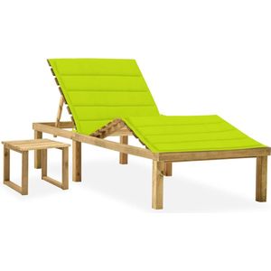 The Living Store Loungebed Grenenhout - Tuinmeubelen - 200x70cm - Verstelbare rugleuning en voetensteun - Houten tafel - Helder groen kussen