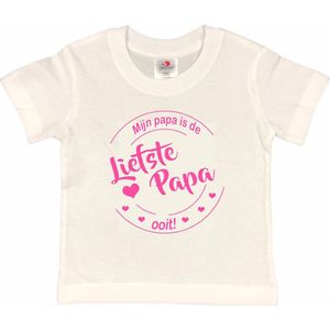 T-shirt Kinderen ""Mijn papa is de liefste papa ooit!"" Vaderdag | korte mouw | Wit/roze | maat 122/128 (S)
