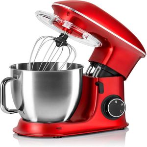MKSS® Luxe Deegmachine met Spatbescherming - Deegmachine voor Zwaar Deeg - Met Deeghaak en Garde - Kneedmachine - Keukenmachine - Deegmixer met 7 Standen - Rood met Wit