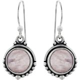 Zilveren oorbellen met hanger dames | Zilveren oorhangers, ronde rozenkwarts steen met bolletjes