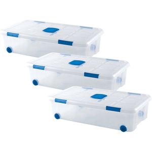 PlasticForte - Opslagbox - Transparant - 3x Stuks - 30L - Met Deksel - Opbergbak Met Wielen