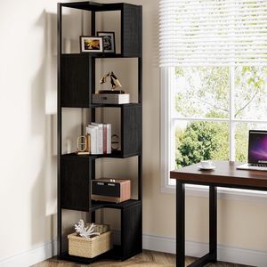 TRIBESIGNS - Boekenkast - Hoek boekenkast met 6 Planken - Industrieel Grote Hoekplank - Spaanplaat - Zwart - 25 x 42 x 171 cm