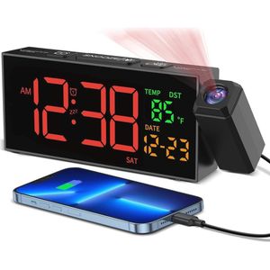 Projectiewekker met 350° rotatie en USB-oplader - Wecker met temperatuur, datum en 10 alarmtonen